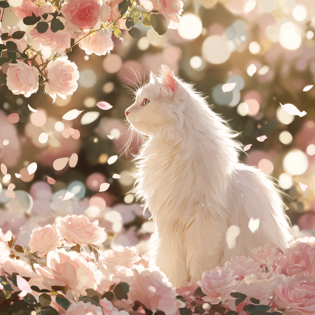 Volledige weergave van Bloesemdroom met witte kat en roze bloesems in zacht licht  
