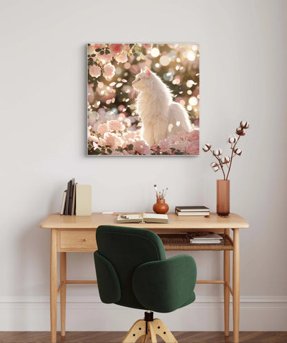 Mock-up van Bloesemdroom aan de muur boven een houten bureau met groene stoel  
