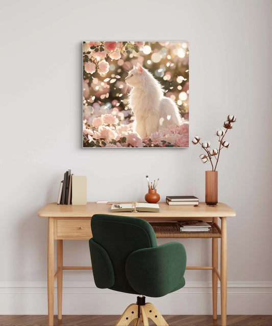 Mock-up van Bloesemdroom aan de muur boven een houten bureau met groene stoel  
