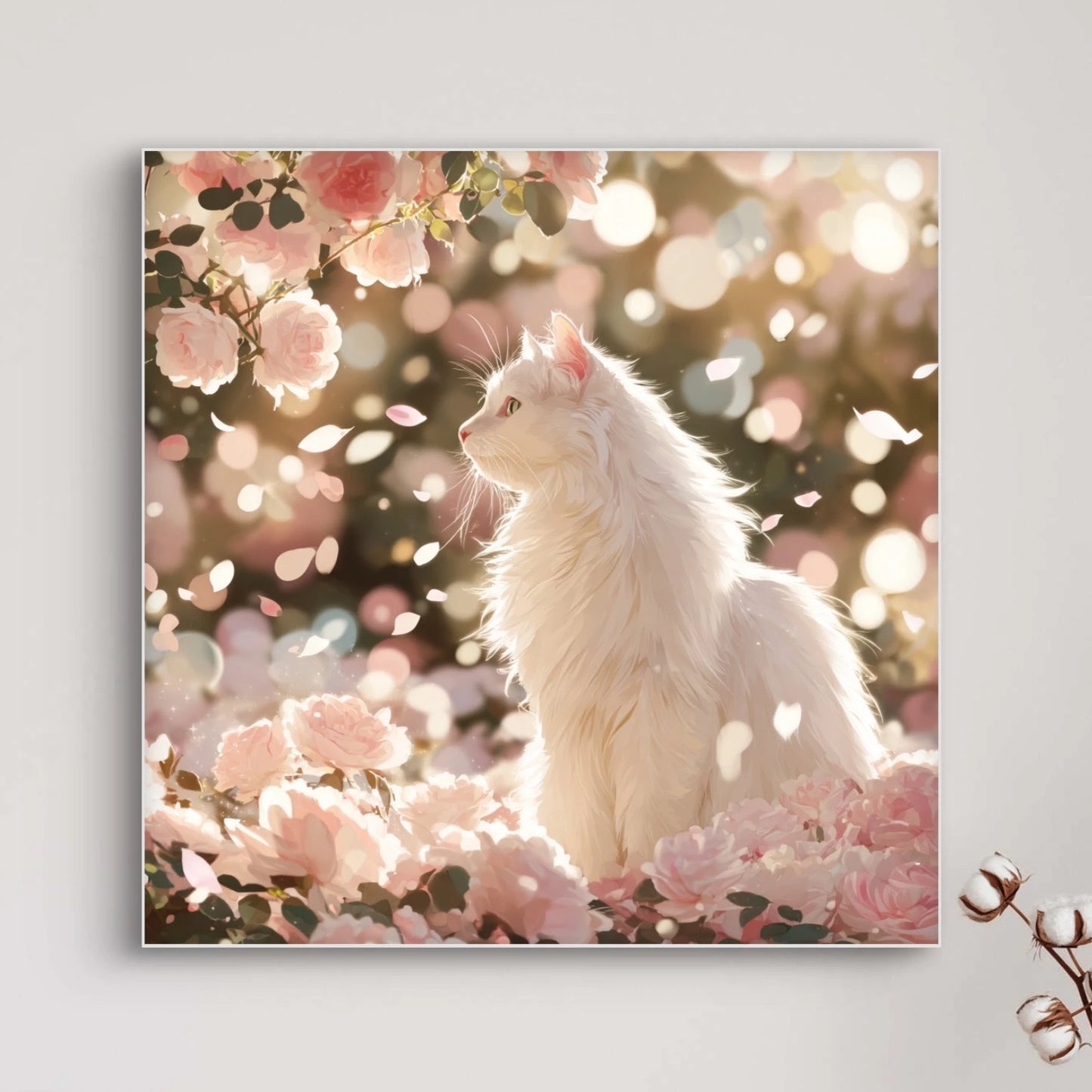 Detailopname van Bloesemdroom met witte kat tussen bloesems en vallende bloemblaadjes  
