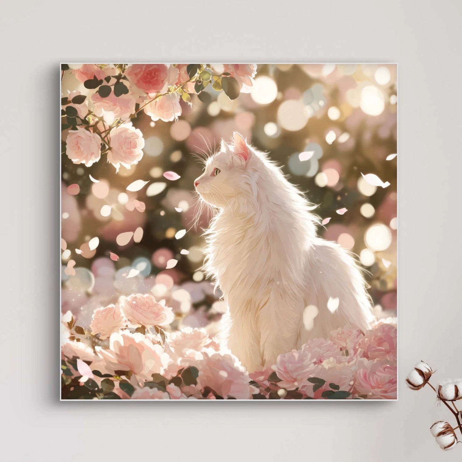 Detailopname van Bloesemdroom met witte kat tussen bloesems en vallende bloemblaadjes  
