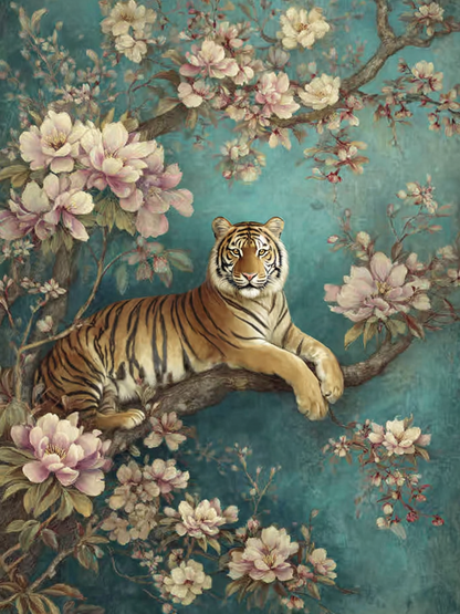 Volledige weergave van Bloesemkoning met tijger rustend tussen magnolia’s  
