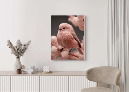 Mock-up van Bloesemstilte aan de muur boven een lichte kast en stoel  
