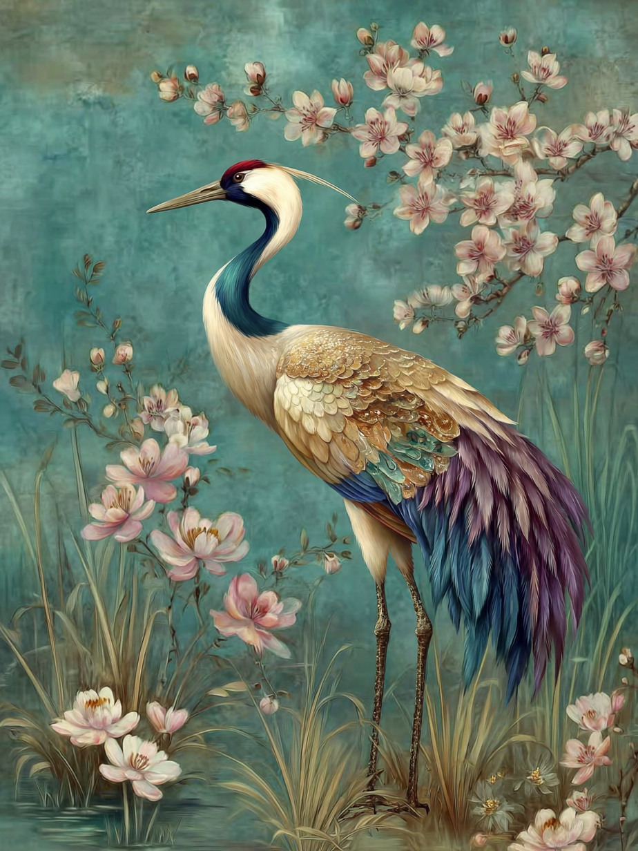 Volledige weergave van Bloesemwacht met kraanvogel en bloeiende takken  

