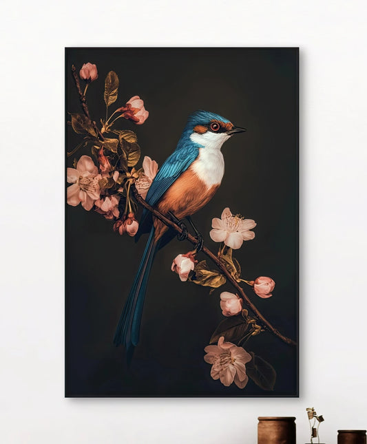 Detail van blauw met oranje vogel zittend op een tak met roze bloesem tegen donkere achtergrond
