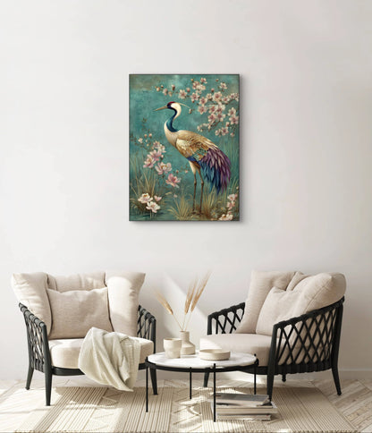 Mock-up van Bloesemwacht aan de muur boven twee lichte fauteuils met ronde tafel  
