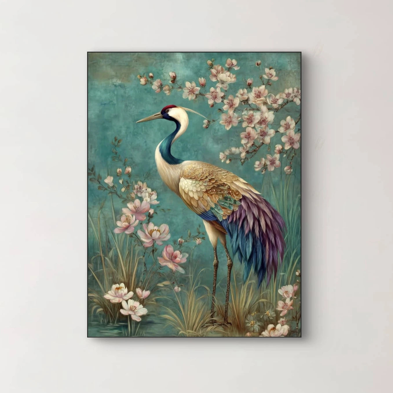 Detailopname van Bloesemwacht met sierlijke kraanvogel tussen bloesems  
