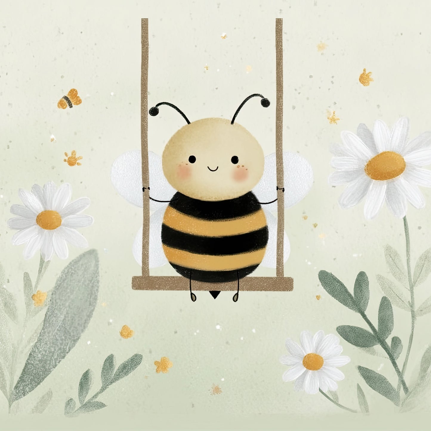 Illustratie van een blij bijtje op een schommel met madeliefjes en groene bladeren op een lichte achtergrond
