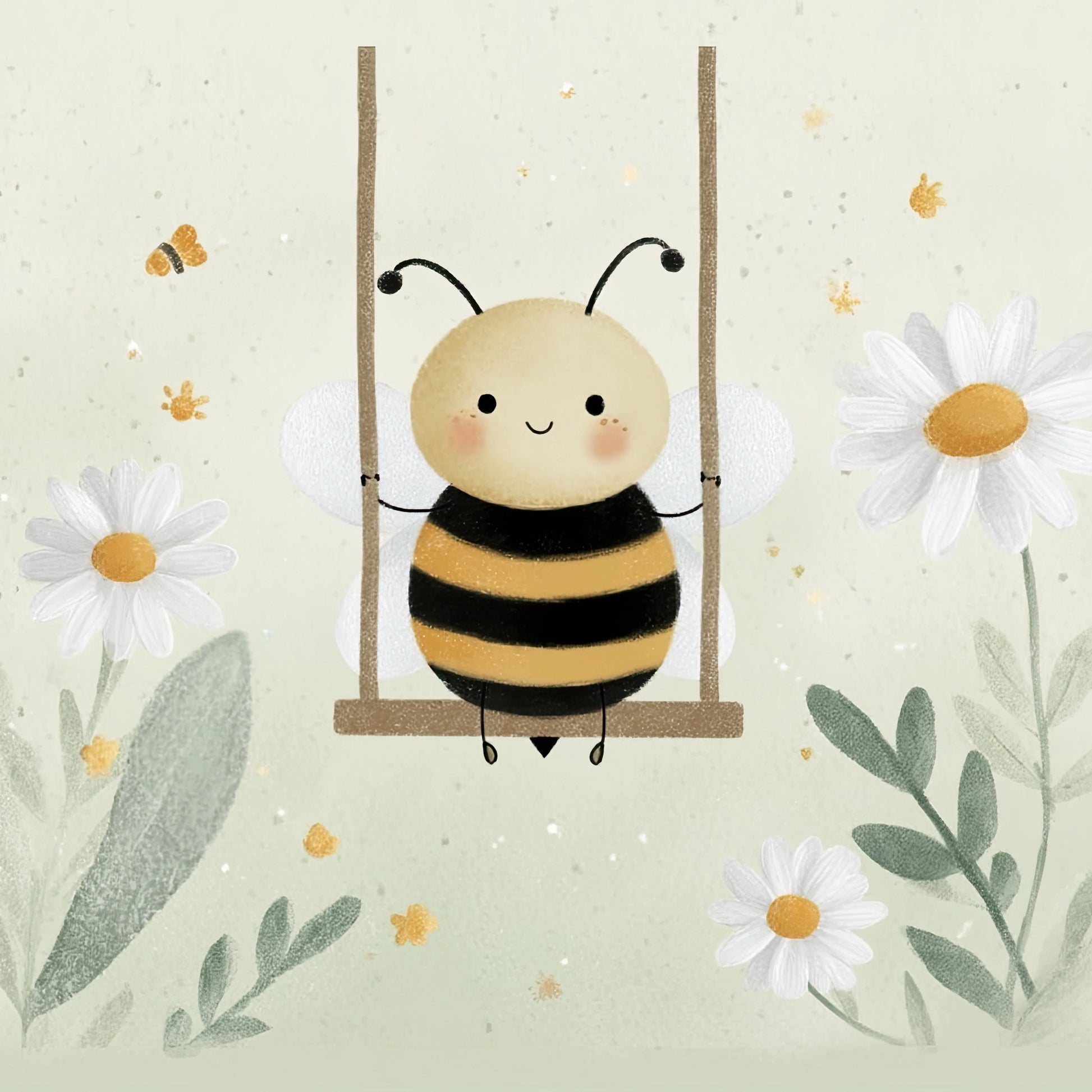 Illustratie van een blij bijtje op een schommel met madeliefjes en groene bladeren op een lichte achtergrond
