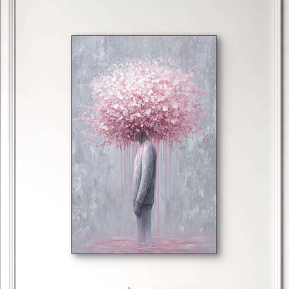 Detail van Bloomstate met man in pak en roze bloesemkroon die uitwaaiert
