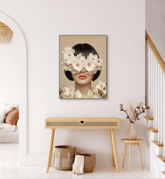 Kunstwerk Blossom Veil aan de muur boven houten tafel in warm interieur met natuurlijke tinten
