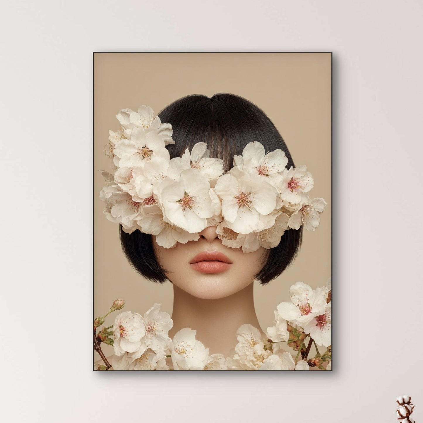 Detail van Blossom Veil met vrouw en witte bloesems over haar ogen
