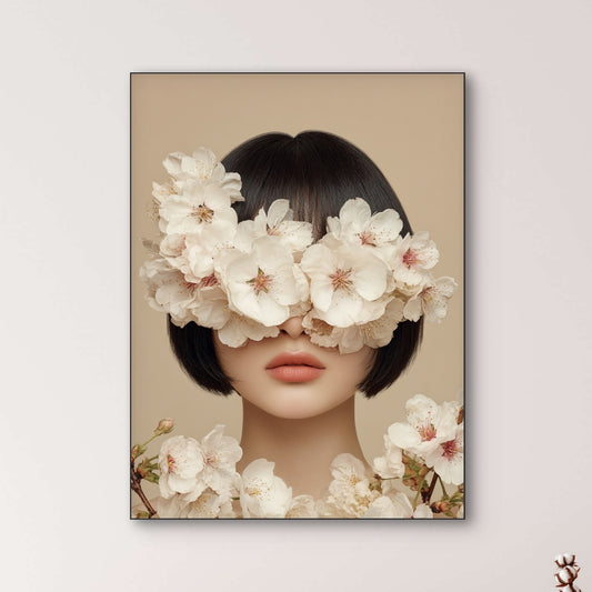 Detail van Blossom Veil met vrouw en witte bloesems over haar ogen
