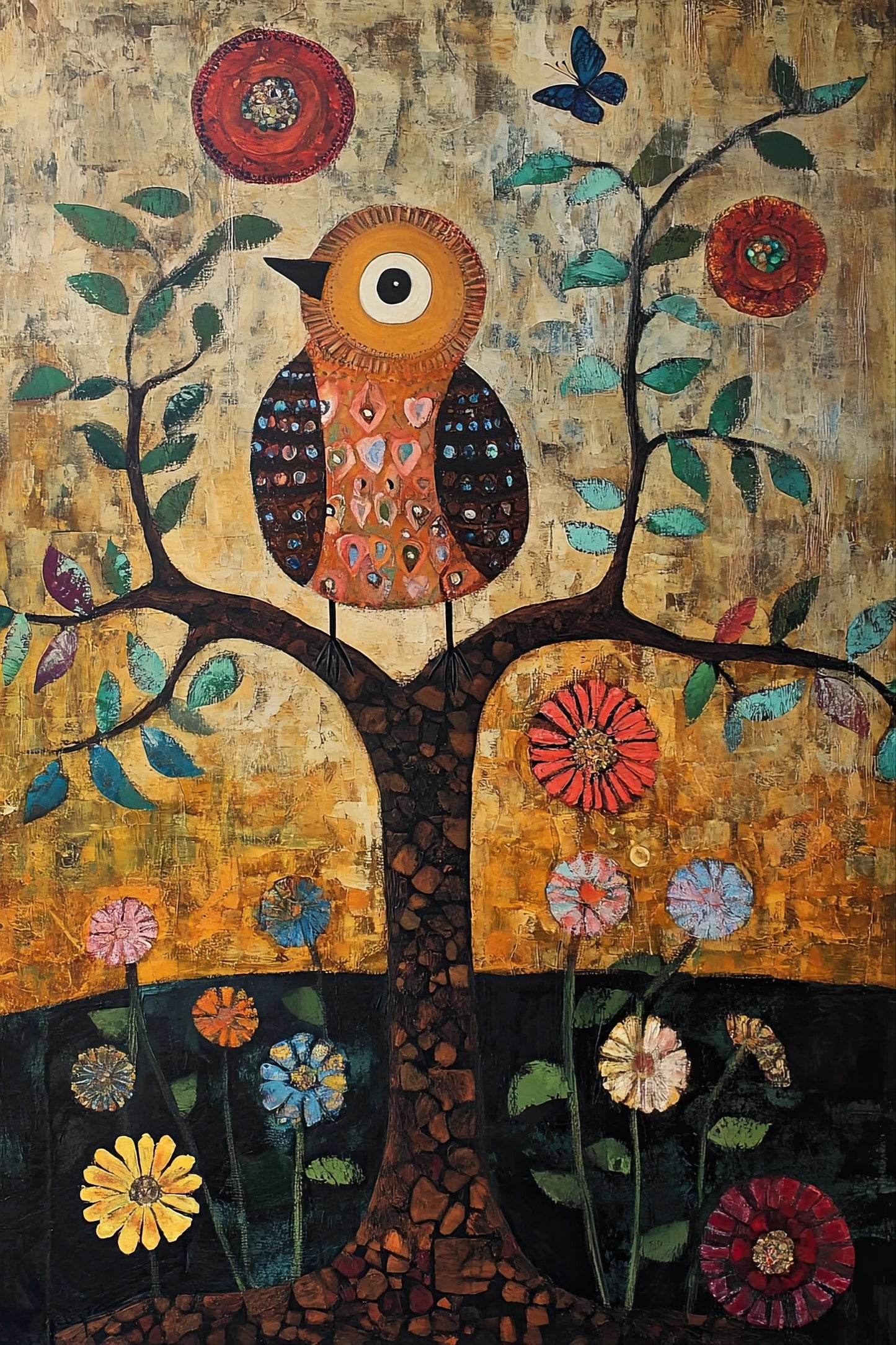 Kunstwerk met oranje uil in een decoratieve boom met bloemen en symbolische elementen
