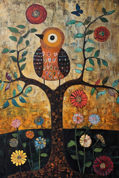 Kunstwerk met oranje uil in een decoratieve boom met bloemen en symbolische elementen
