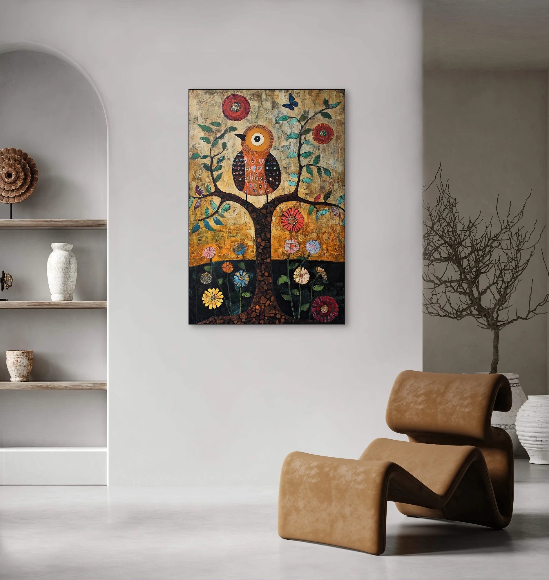 Wandkunst met fantasievolle uil in kleurrijke boom tegen warme achtergrond in modern interieur
