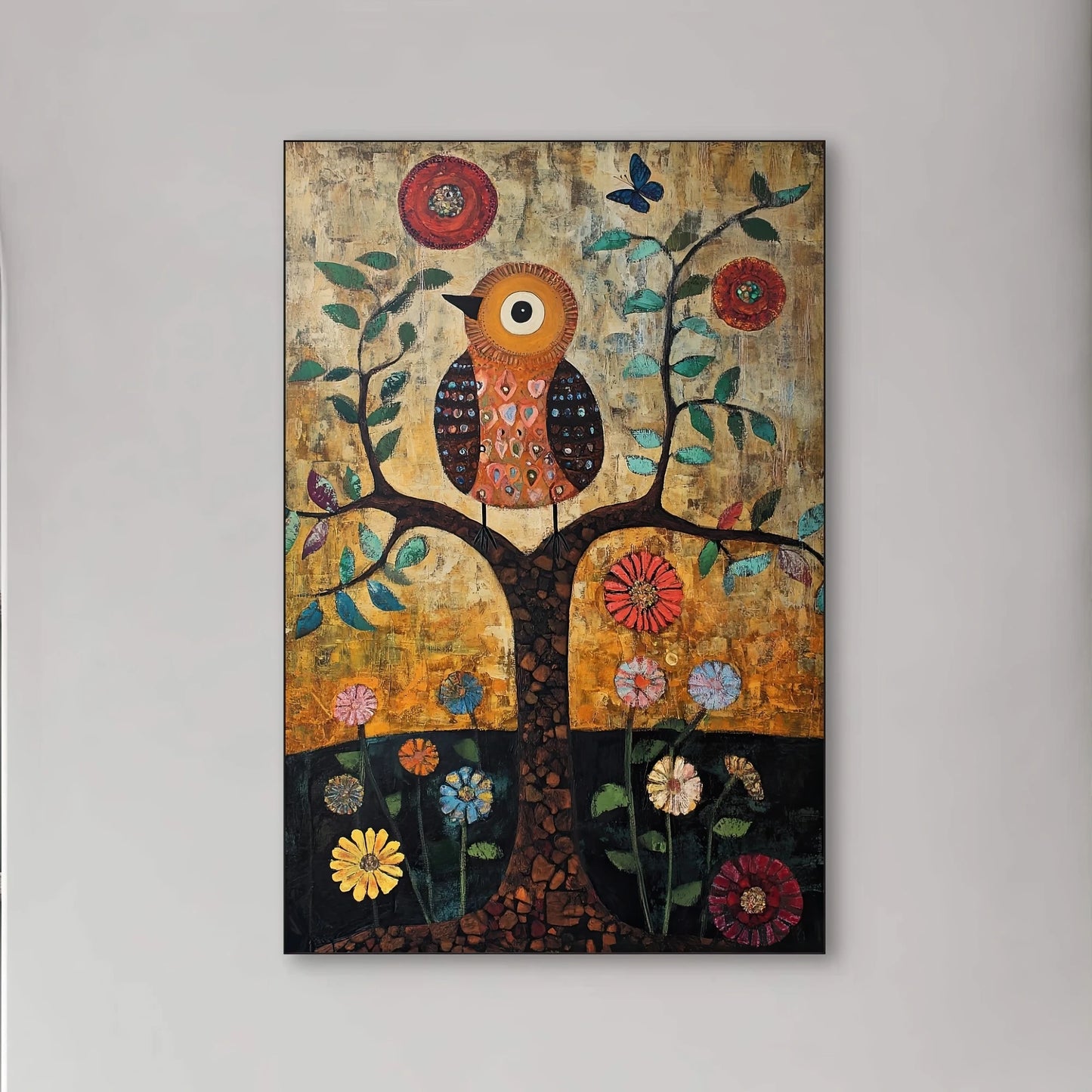 Detail van illustratieve uil op boom met bloemen en abstracte patronen in warme tinten
