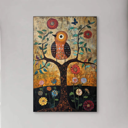 Detail van illustratieve uil op boom met bloemen en abstracte patronen in warme tinten
