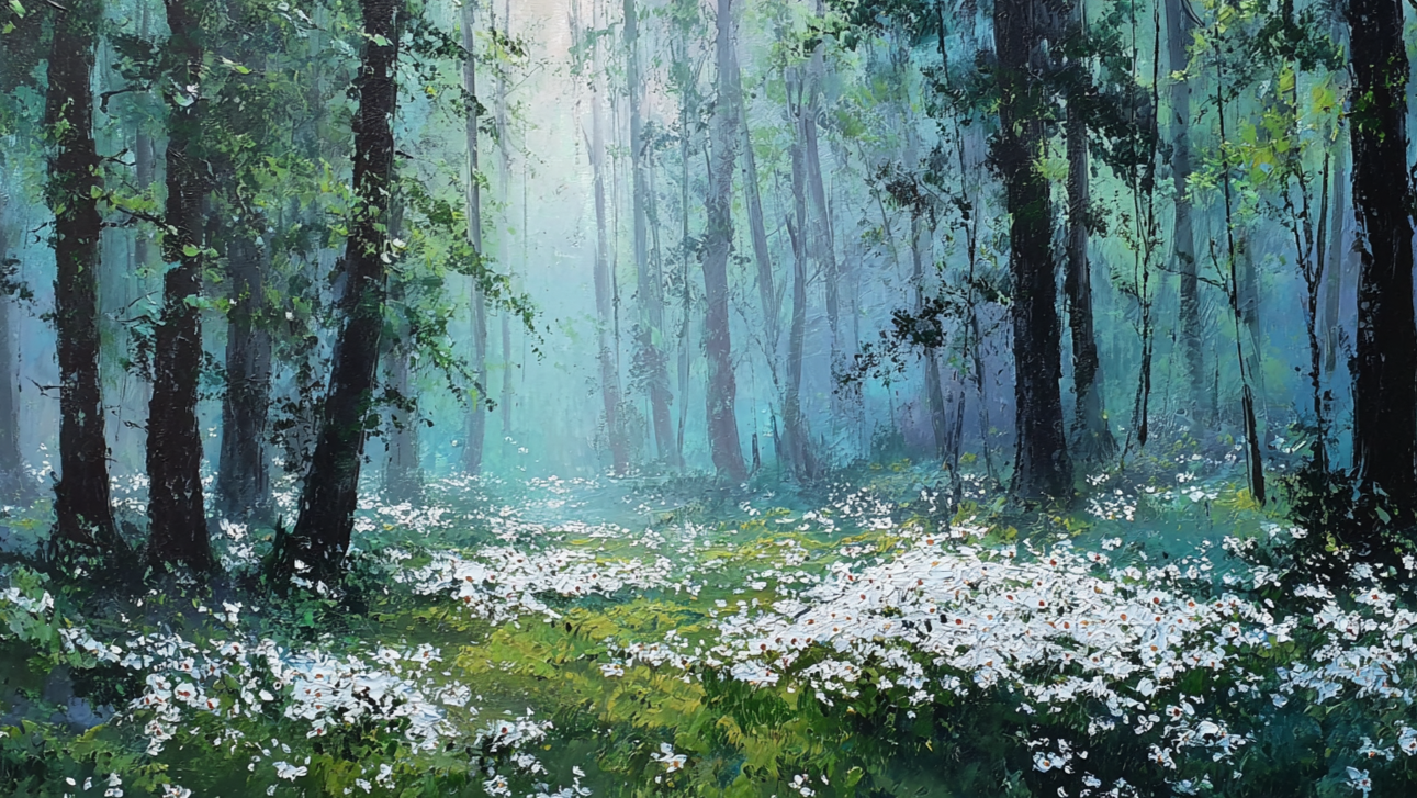 Schilderachtig wandkunstwerk van bos met lichtinval en witte bloemen in tinten van blauw en groen
