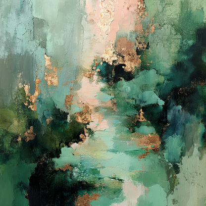 Abstracte compositie in groen, blauw en koper met natuurlijke diepte en zachte gloed
