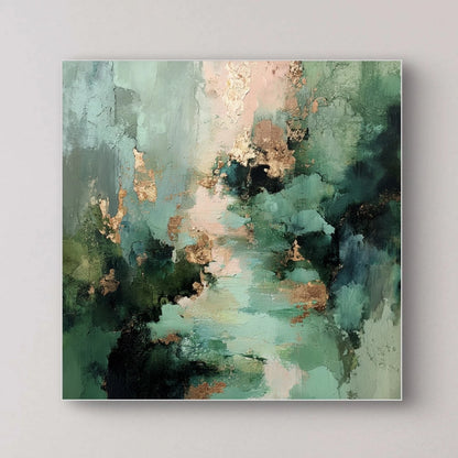 Detail van penseelstreken in groen en koper met gelaagde structuur
