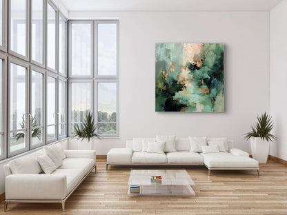 Abstract kunstwerk in groen en koper tonen boven witte bank in modern interieur
