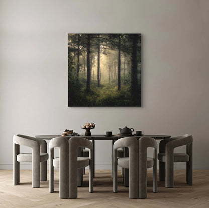 Boslandschap met lichtinval tussen bomen aan de muur in een modern interieur met grijze stoelen en houten vloer
