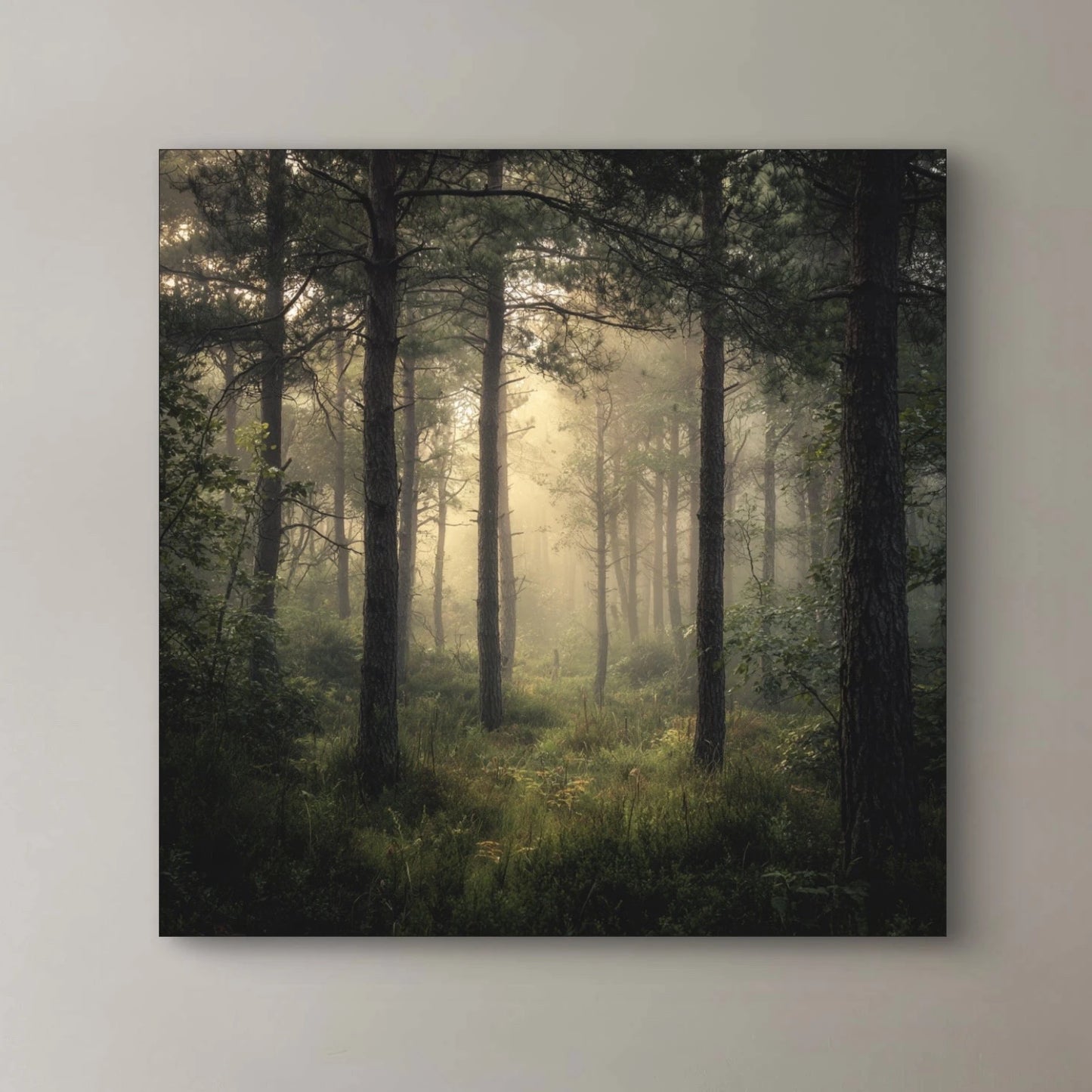 Detail van boslandschap met zonlicht dat door de bomen valt in groene tinten
