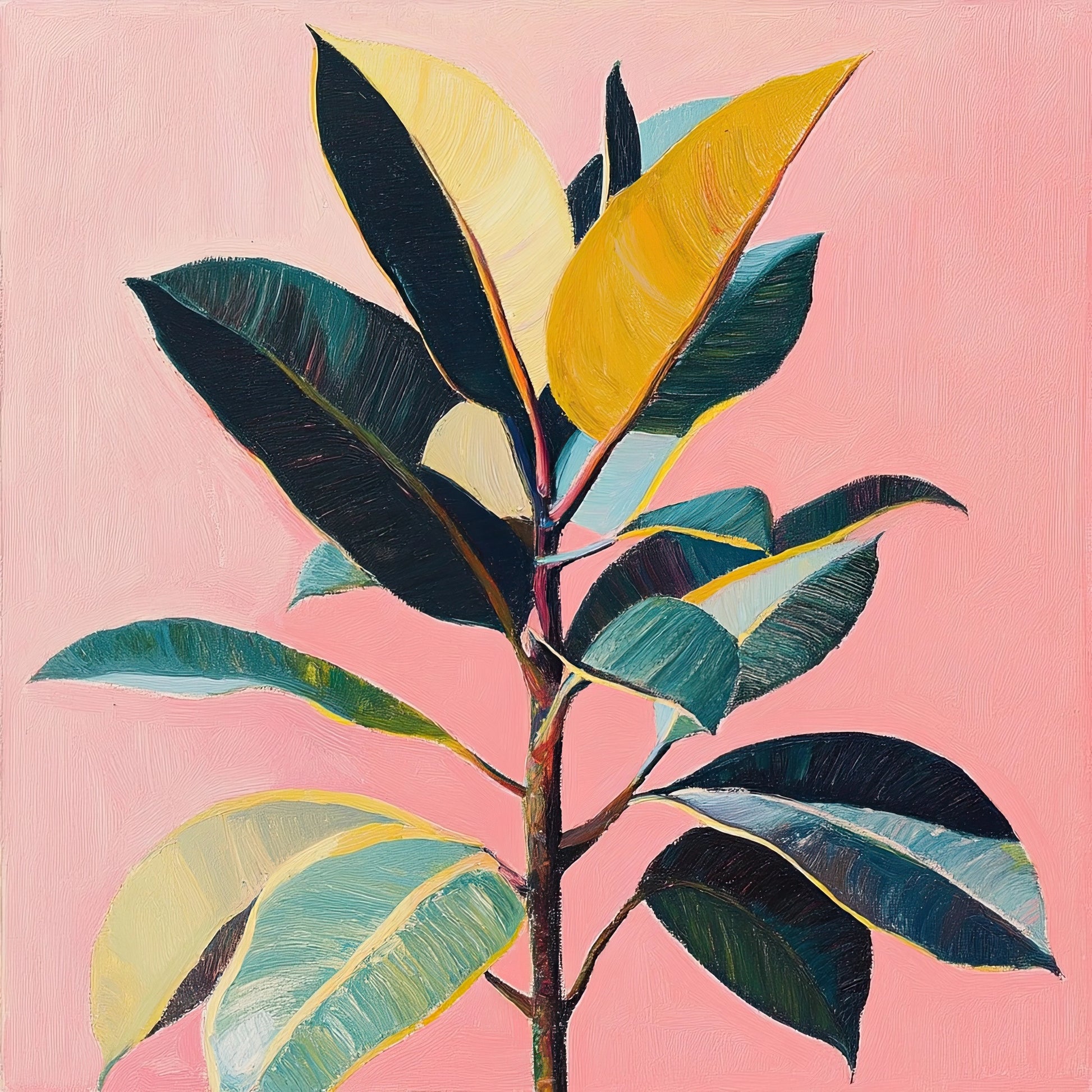 Volledig kunstwerk met expressieve botanische plant in felle kleuren op een roze achtergrond
