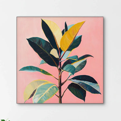 Detail van kunstwerk met tropisch blad in geel, donkergroen en blauwgroen op roze ondergrond
