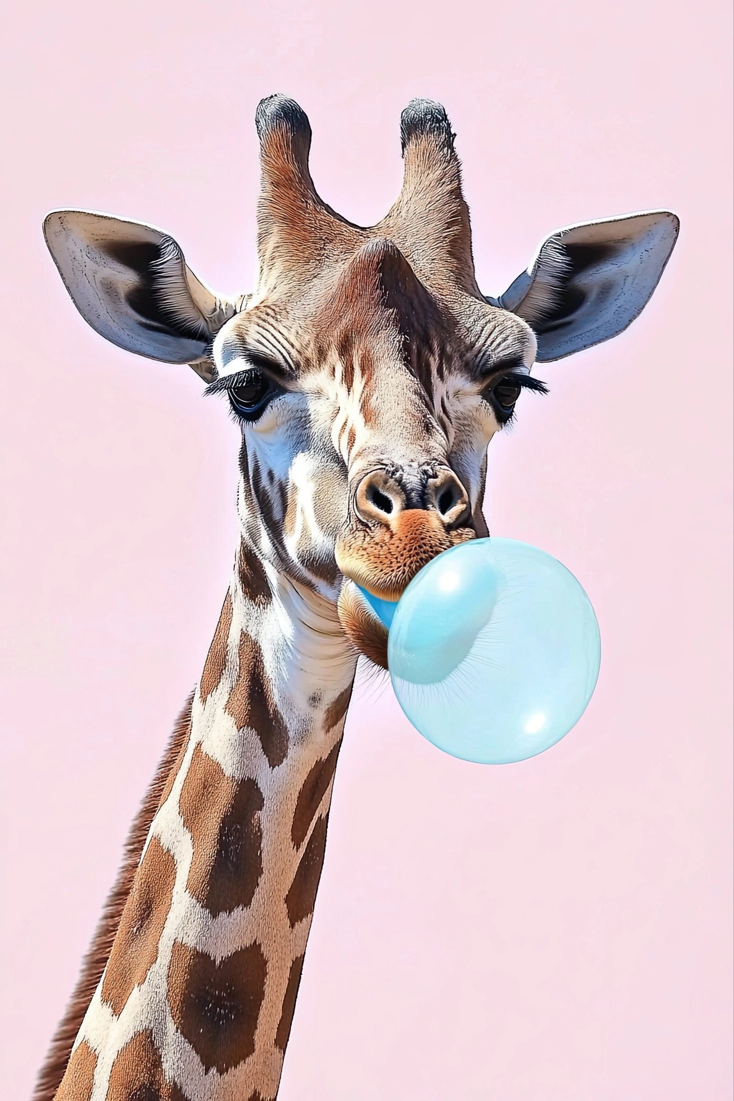 Illustratie van een giraffe met kauwgom op een roze achtergrond in speelse stijl
