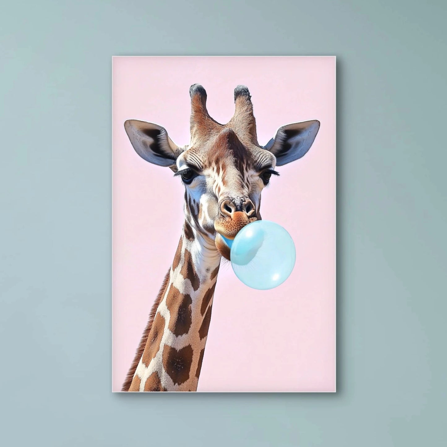 Detail van een giraffe die een lichtblauwe bubbel blaast tegen een roze achtergrond
