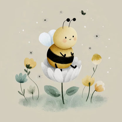 Illustratie van een lieve bij met vleugels op een bloem tegen een beige achtergrond
