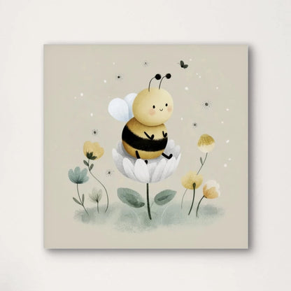 Detail van een getekende bij zittend op een witte bloem tussen pastelgele en groene bloemen
