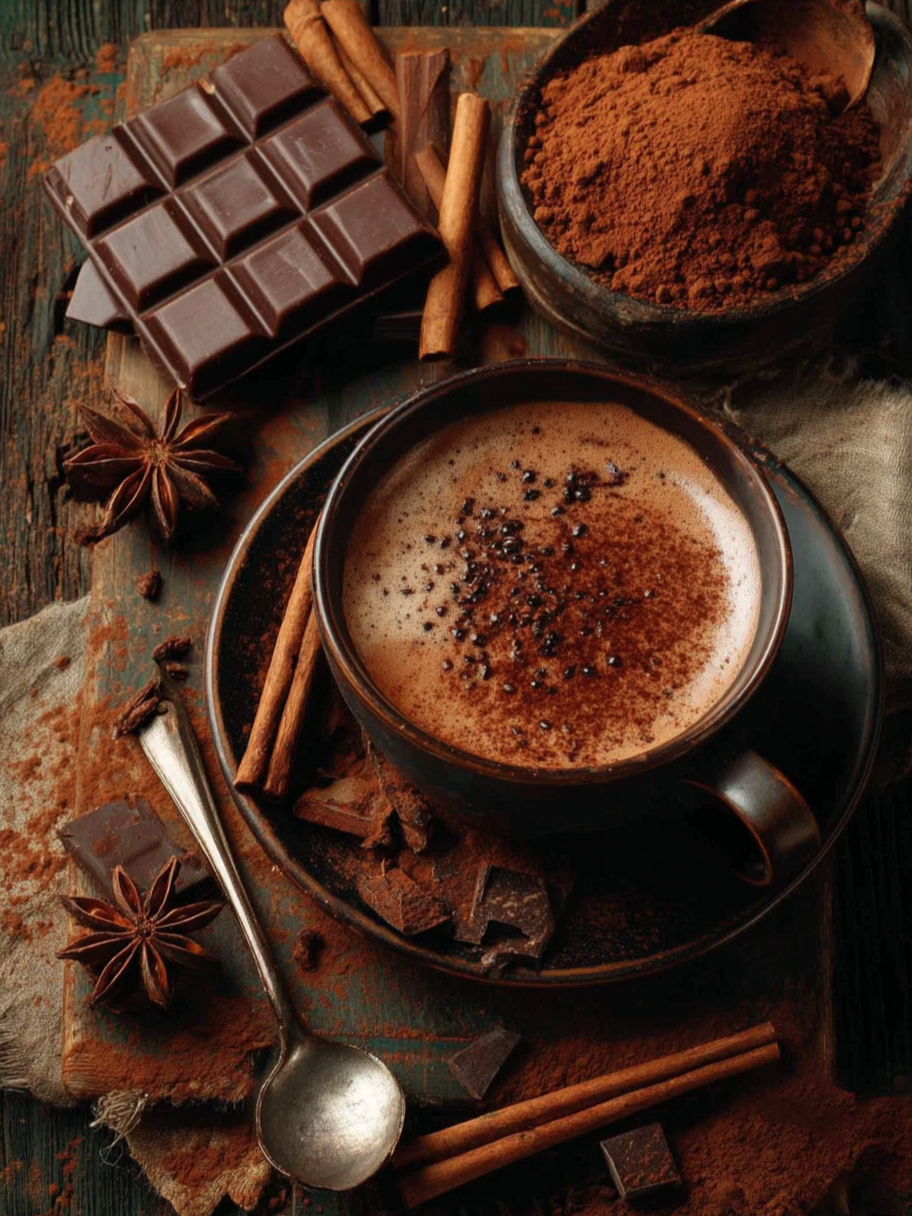 Volledig kunstwerk Cacao Serenade met stilleven van chocolade, kaneel en steranijs in warme tinten 
