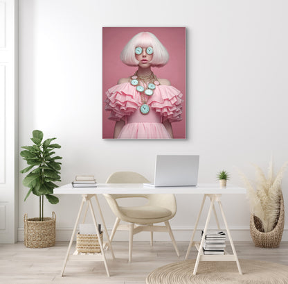 Kunstwerk Candy Clock aan de muur boven wit bureau met beige stoel in licht interieur
