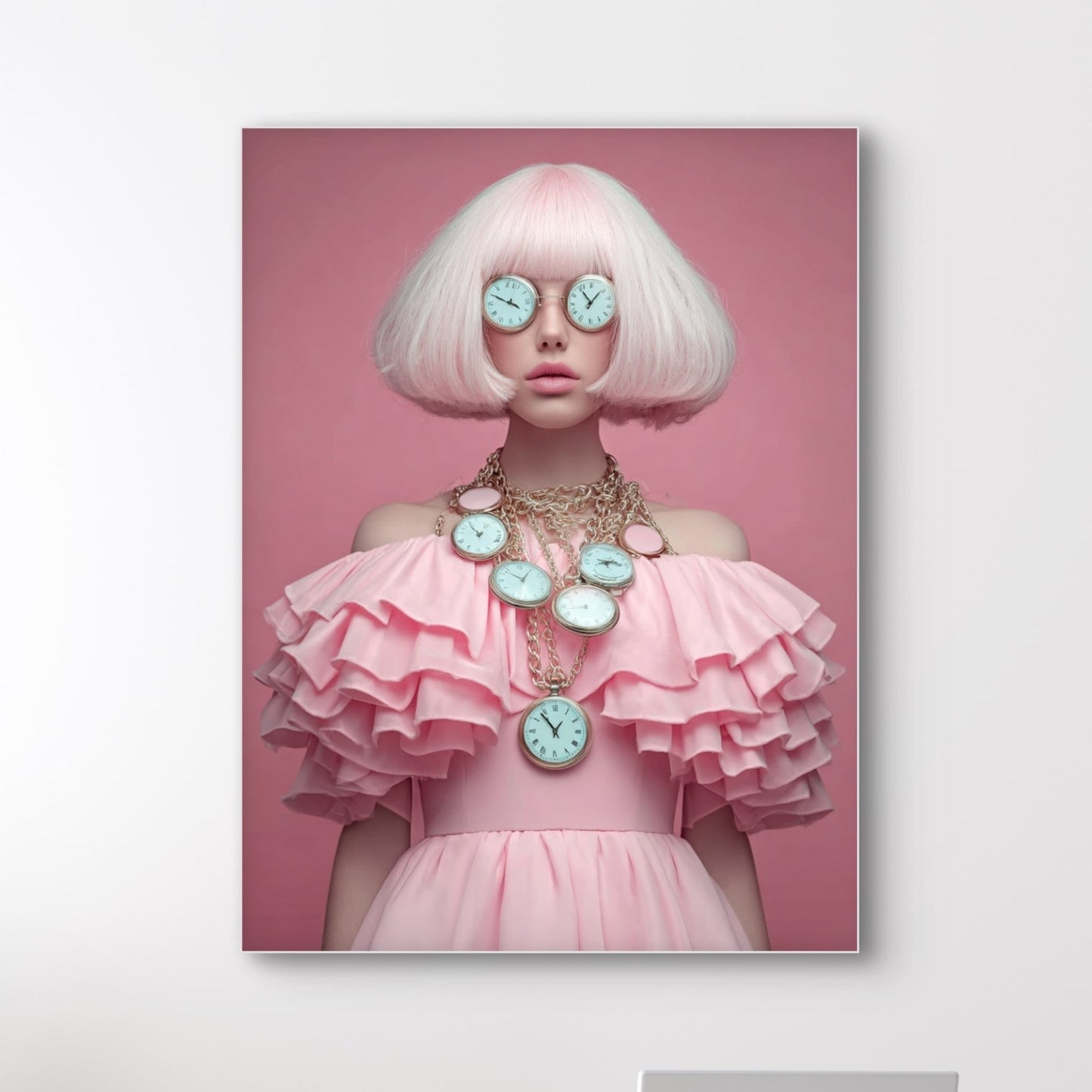 Detail van Candy Clock met vrouw in roze jurk en turquoise klokken
