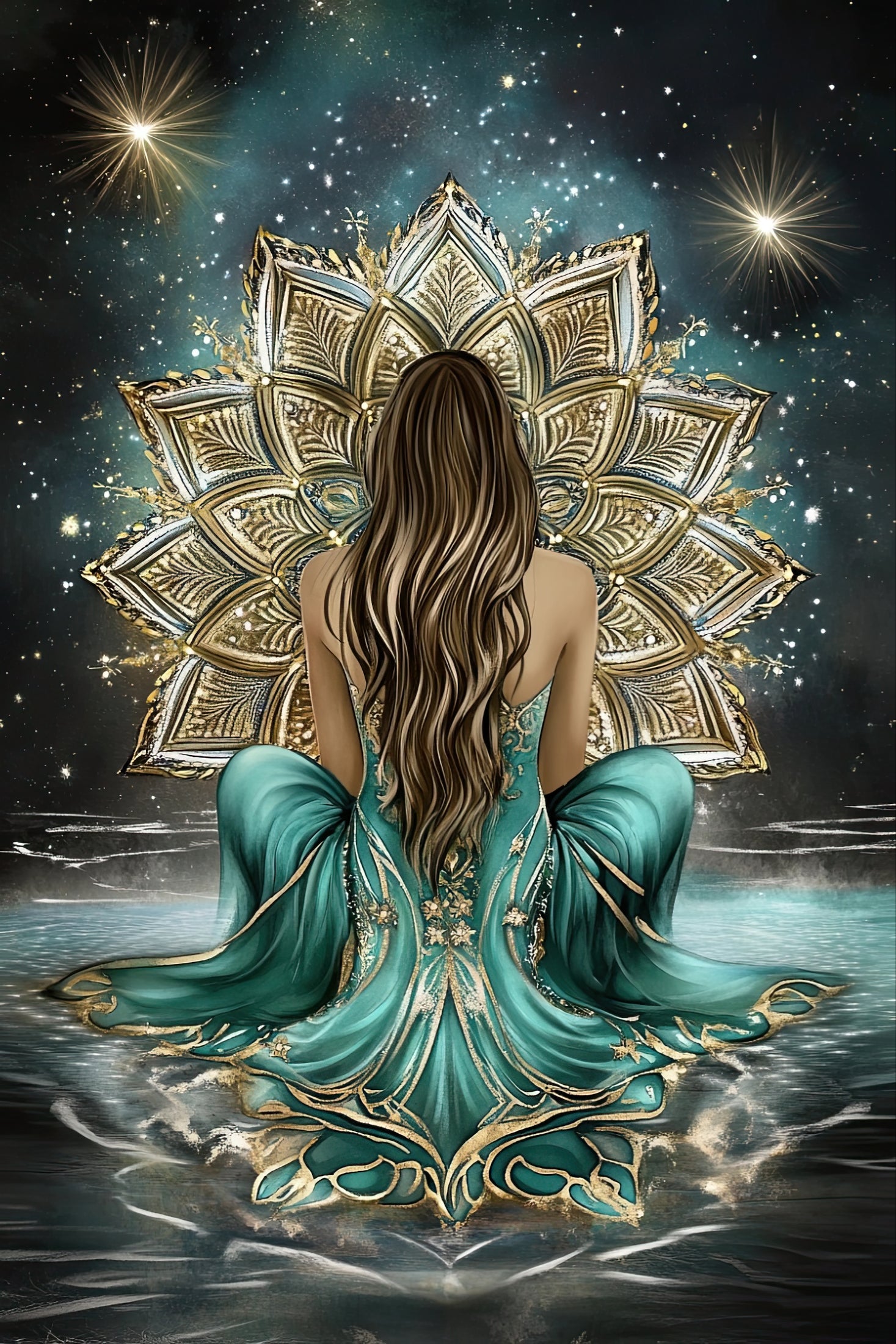 Volledige afbeelding van een vrouw in turquoise jurk voor een mandala met sterrenhemel
