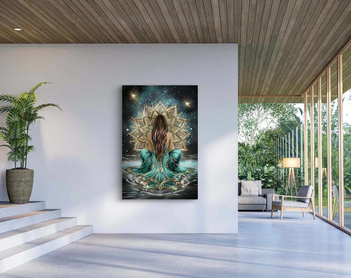 Celestial Bloom aan de muur in een moderne ruimte met betonnen vloer en grote ramen
