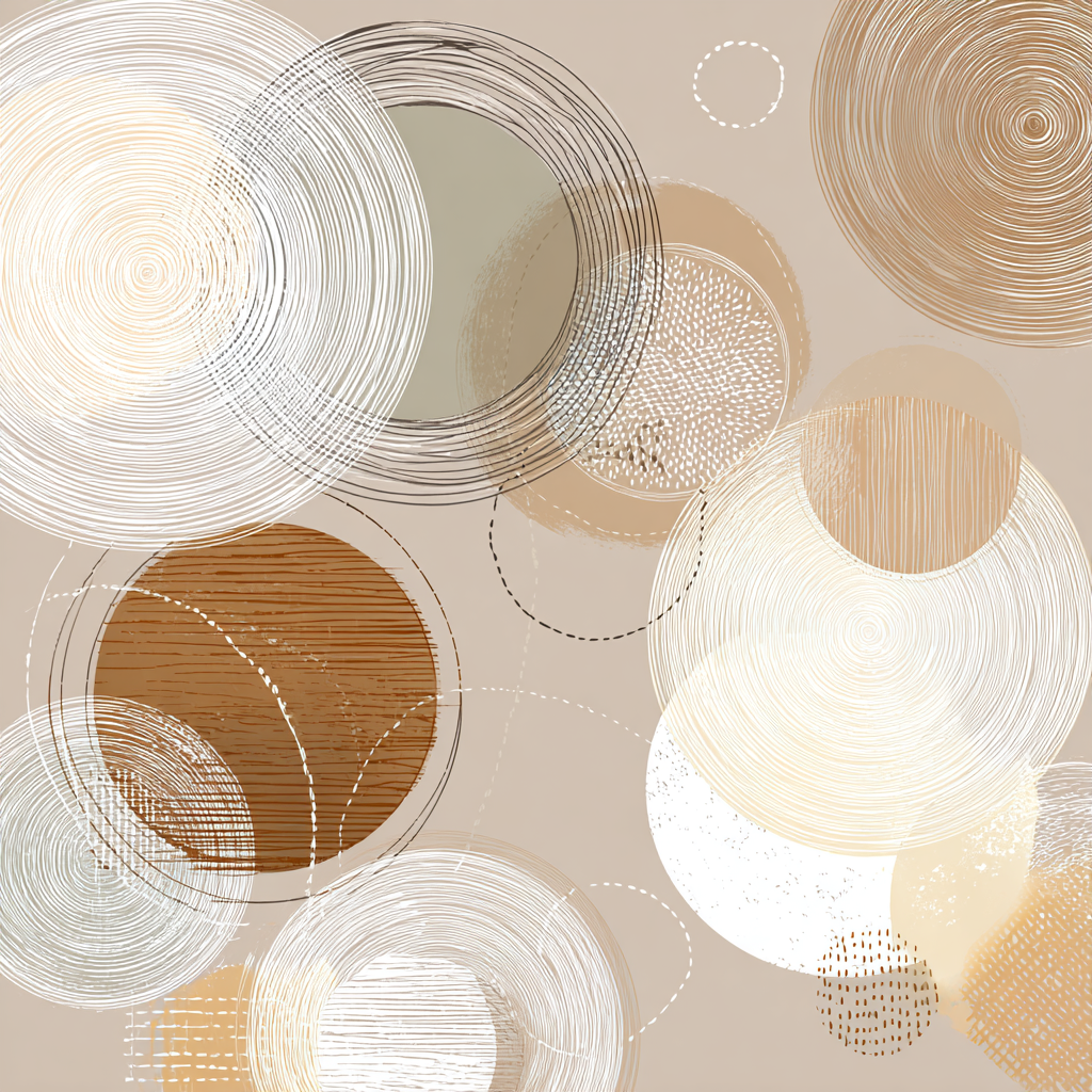 Abstracte compositie in beige, wit en bruintinten met zachte cirkelvormen en harmonieuze lijnen
