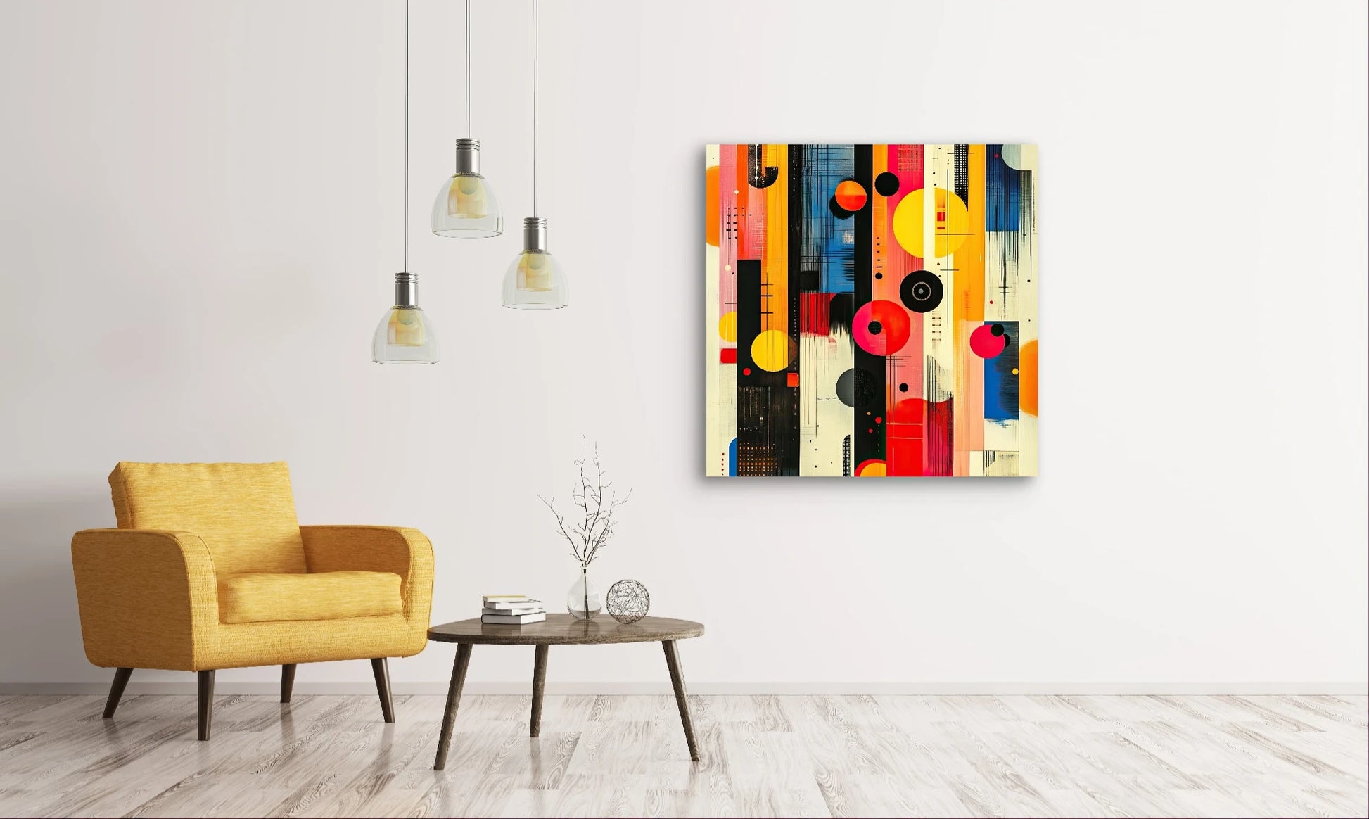 Abstracte wanddecoratie met cirkels en lijnen in geel, rood, roze, zwart en blauw
