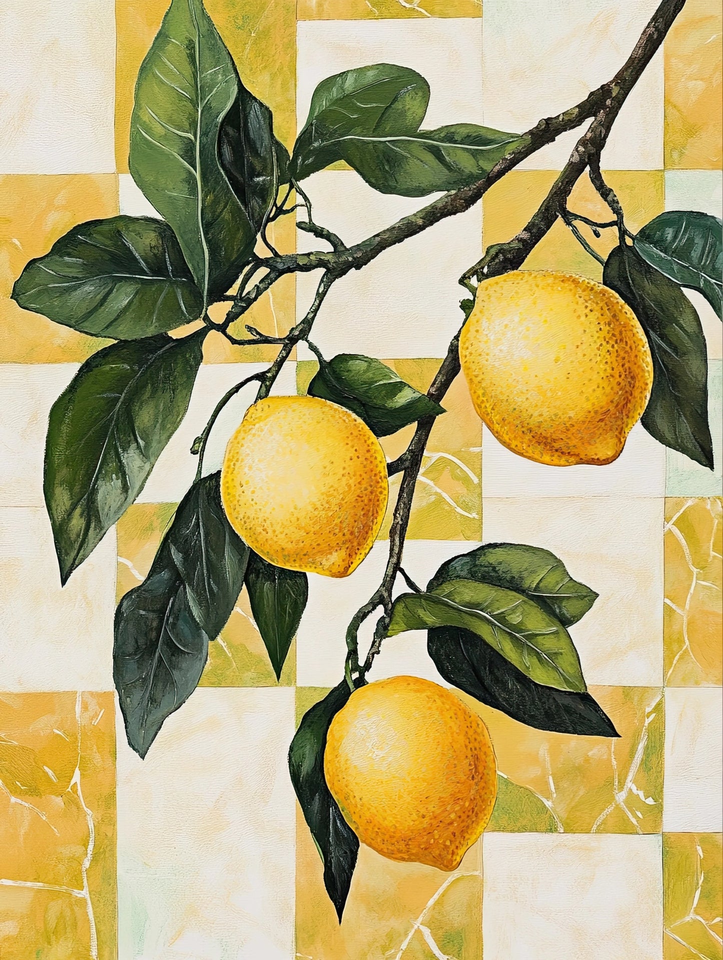 Volledige weergave van Citroen & Steen, tak met citroenen voor een achtergrond van gele tegels
