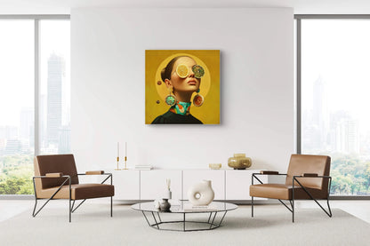 Citrus Muse aan de muur in een moderne woonkamer met designstoelen en uitzicht op de stad
