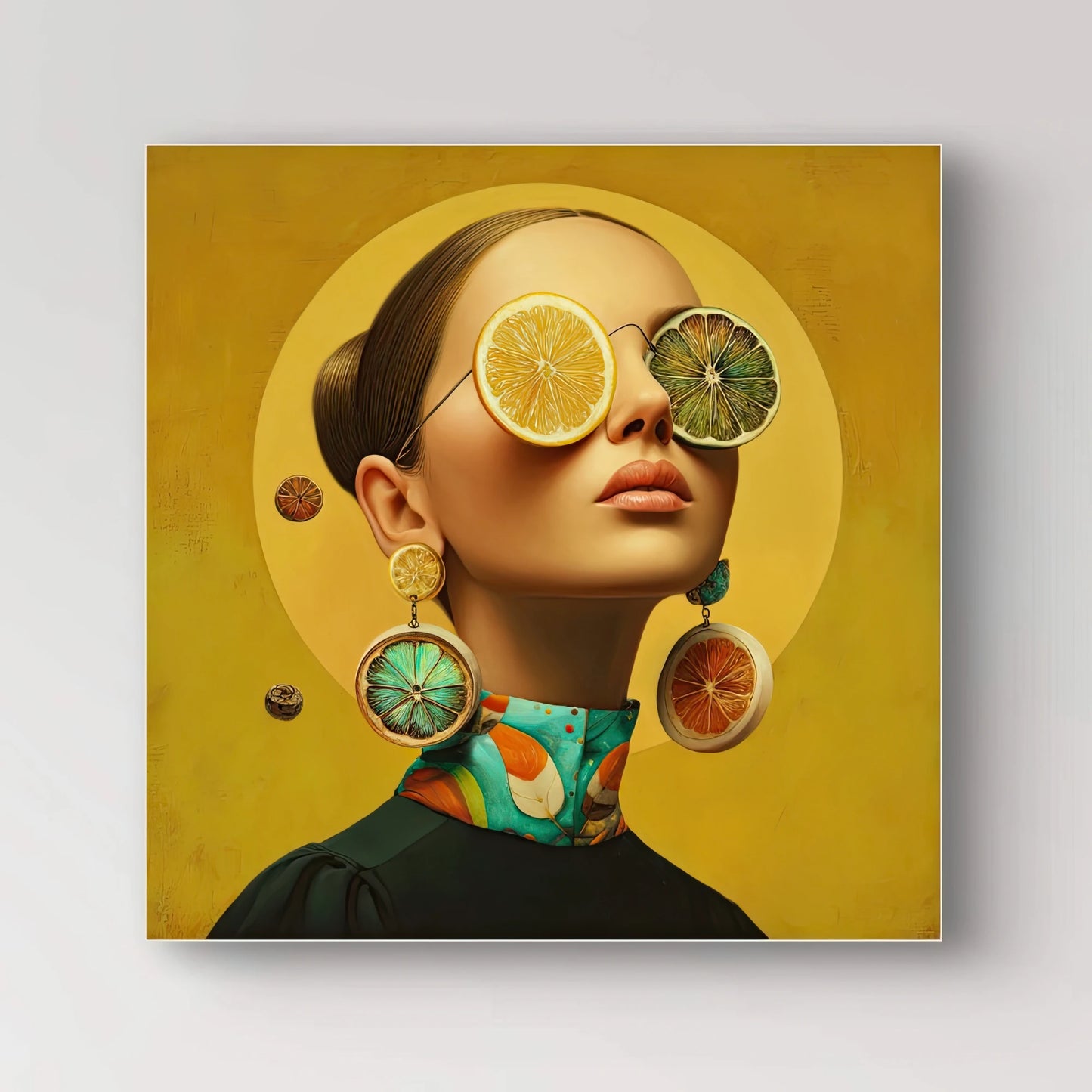 Detail van vrouw met citrusvruchten als bril en oorbellen op gele achtergrond
