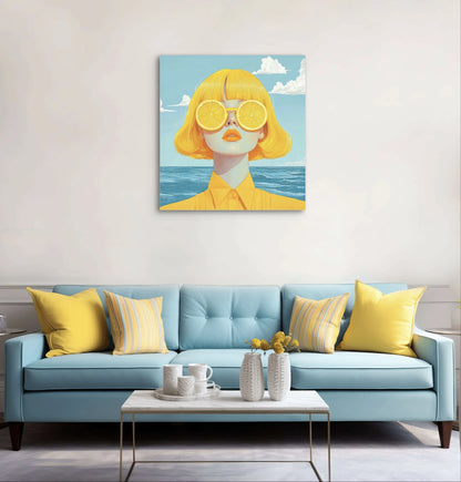 Citrusblik aan de muur boven een lichtblauwe bank met gele kussens in een frisse woonkamer
