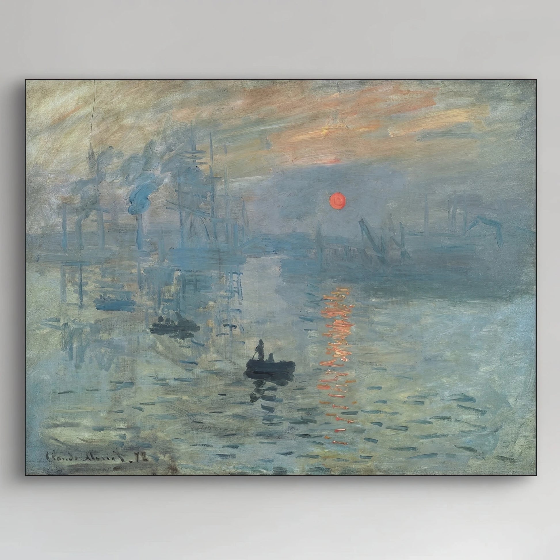 Detail van de opkomende zon en reflecties op het water in “Impression, soleil levant” van Claude Monet
