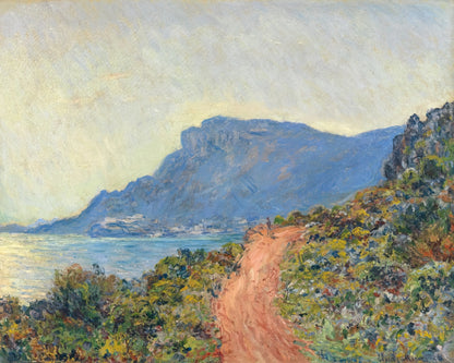 Detail van het oranje pad en de blauwe bergen in Claude Monets “La Route de la Corniche, Cap d’Antibes”
