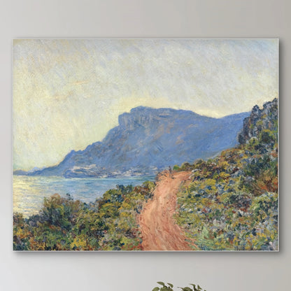 Detail van het oranje pad en de blauwe bergen in Claude Monets “La Route de la Corniche, Cap d’Antibes”
