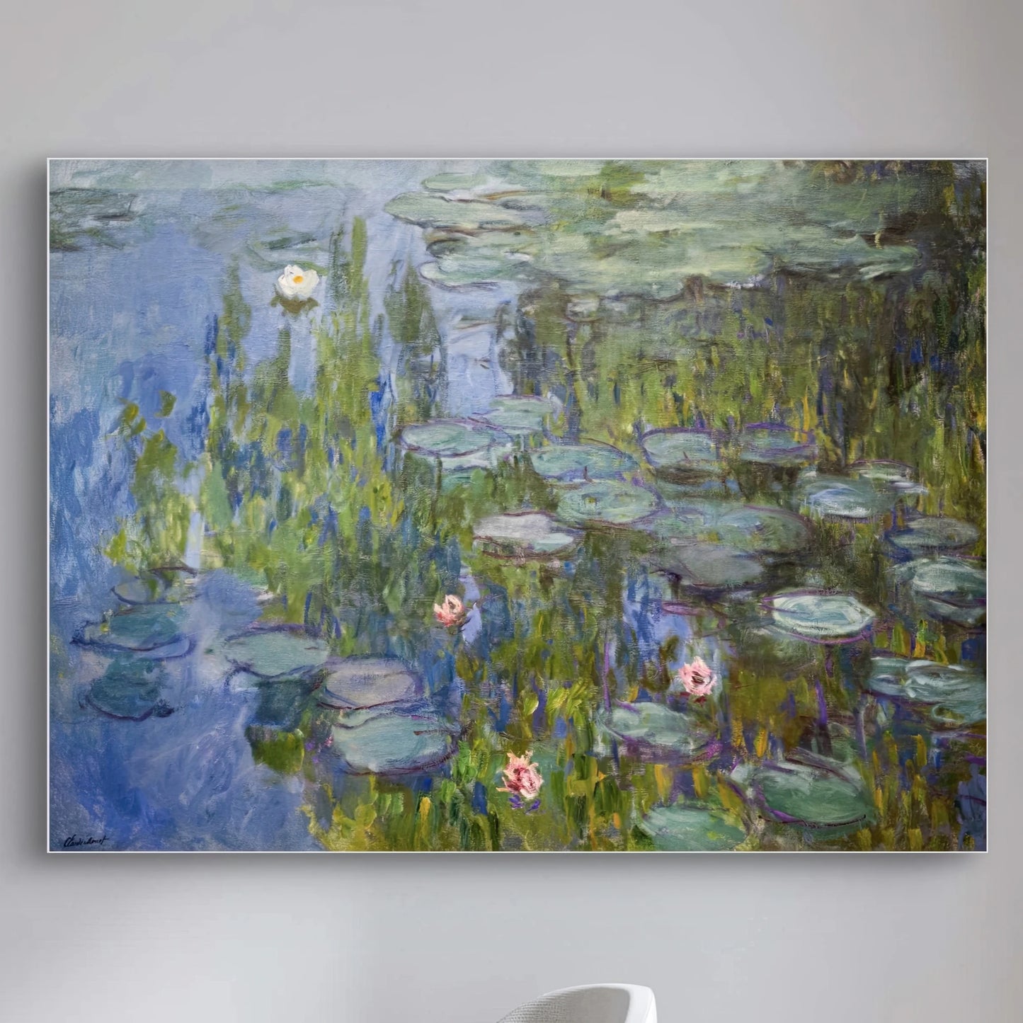 Volledige weergave van Claude Monets schilderij “Waterlelies” met kleurrijke waterplanten en reflecties
