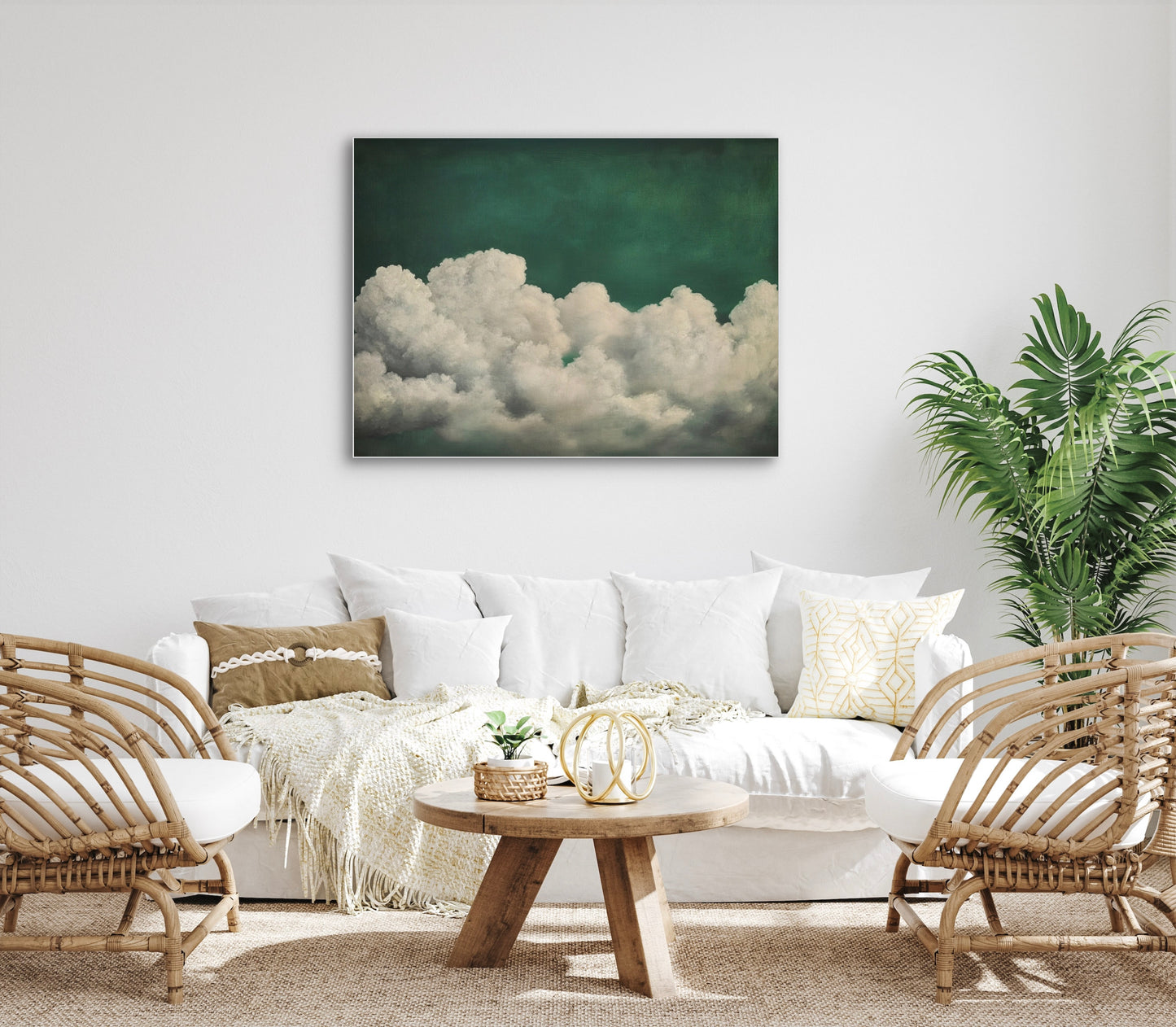 Modern elegant living room with soft natural light and warm shadows. A stylish woman in neutral-toned outfit stands in front of a framed artwork on the wall, admiring it. The room has minimalist wooden furniture, linen curtains, and calm beige and cream tones. Photorealistic, high-end interior design photo, warm mood.